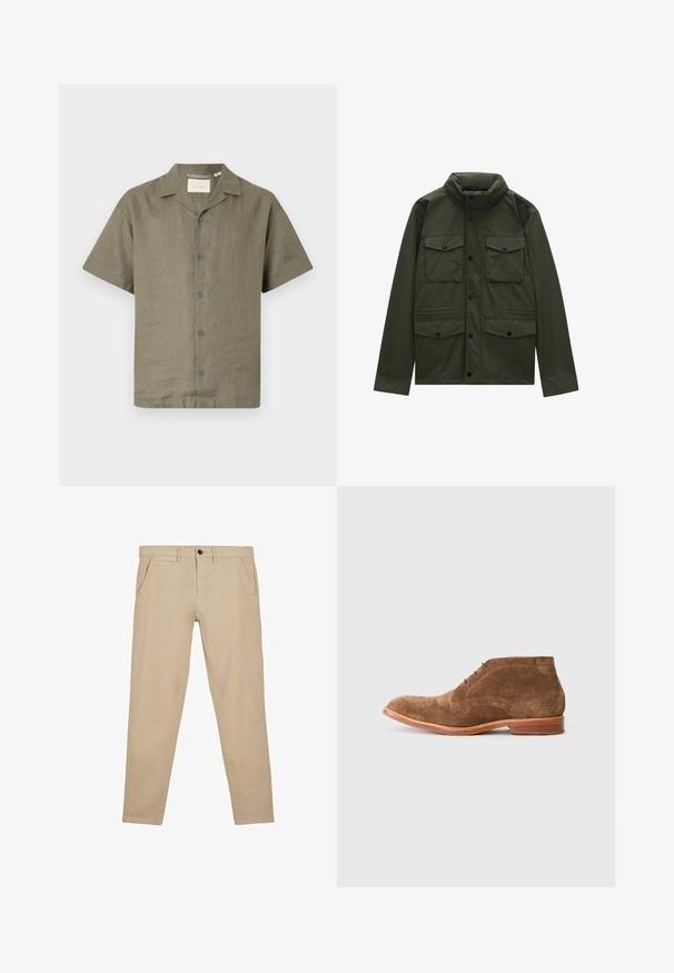 Donkergroene lange mouwen jas met hoge kraag, knoopsluiting aan de voorkant en vier klepzakken met knopen, twee op de borst en twee op de heupen.; Korte mouw shirt in olijfgroen linnen met een camp collar en zes bijpassende knopen aan de voorkant, met een relaxte pasvorm en gestructureerde stof.; Beige slim-fit broek met zij- en kleine voorkant zak, riemlussen en knoopsluiting in de taille.; Bruine suède enkelboots met een ronde neus, zes oogjes voor veters en een gladde houten ondergrond. Lichtgewicht ontwerp met subtiele stiksels.