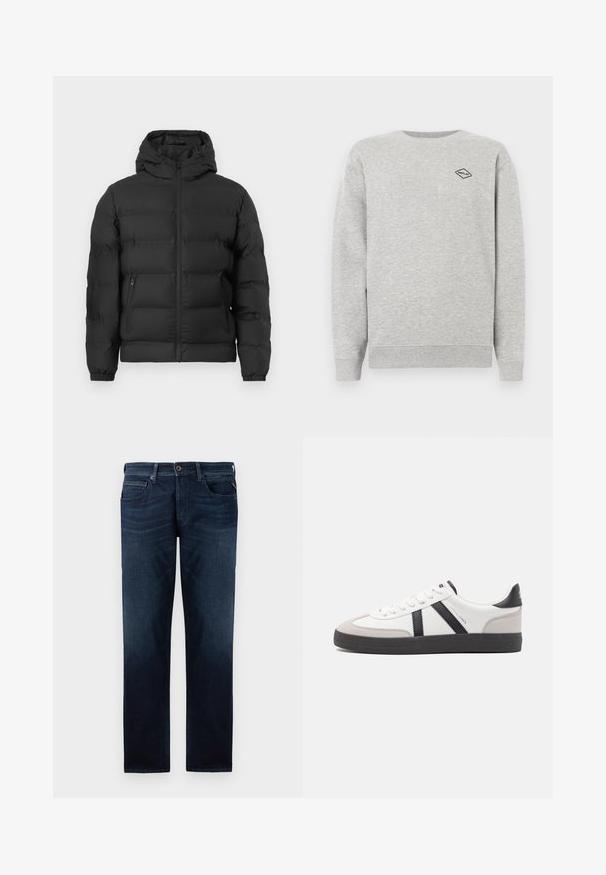 Sort pufferjakke med hætte, frontlynlås, elastiske manchetter og to lynlåslommer på siden, mod en hvid baggrund.; Grå sweatshirt lavet af en blanding af bomuld, med rund halsudskæring og ribbede manchetter. Et lille sort diamantlogo er broderet på brystet.; Mørkeblå denimjeans med lige ben-design, fem-lomme stil og en synlig knaplukning i livet. Glat tekstur.; Hvide sneakers med sorte og grå detaljer, med en tekstureret grå tåhætte, sort gummisål og flade hvide snørebånd. Rent design, minimalistisk stil.