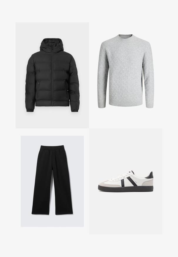 Mustergrey puffer jakk, millel on kapuuts, eest lukuga, elastsed varrukad ja kaks lukuga küljekotti valge tausta ees.; Helehall helepitsist kampsun rombimustriga, soonikkoes ümarsäärega krae, mansetid ja serv, pikad varrukad, sobilik külmaks ilmaks.; Mustad laia säärega püksid elastse vöökohaga, kahe küljetasku ja siledapinnalise tekstuuriga. Disainitud mugavuseks ja liikumisvabaduseks.; Valged tossud mustade ja hallide aktsentidega, tekstureeritud halli varbakattega, musta kummitald ja lamedad valged paelad. Puhtad jooned, minimalistlik stiil.