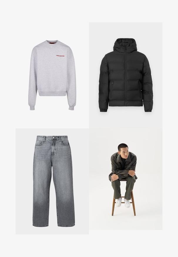 Mustergrey puffer jakk, millel on kapuuts, eest lukuga, elastsed varrukad ja kaks lukuga küljekotti valge tausta ees.; Halli halliga, pikkade varrukatega, ümar kaelus, soonikkoes ja äärtes. Rinnal on sõna "KEELATUD" punaselt. Pehme tekstuur.; Hallidehalli laiad teksad, hallist denimist, kõrge vöökoht, viie taskuga disain ja metallkinnitus. Kangas näitab alläärtes kerget fadeerumist.; Noor mees tumedas nahktakšis ja teksades istub puidust pingil, kaldub ette, käed rüpes, vaatab valgel taustal küljele.