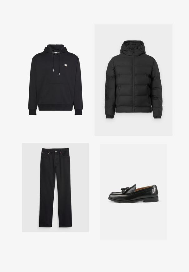 Sort pufferjakke med hætte, frontlynlås, elastiske manchetter og to lynlåslommer på siden, mod en hvid baggrund.; Sort pullover hoodie med forlommekangurulomme, snøretrækshætte og lille firkantet logo på venstre bryst.; GAP 90S LOOSE - Loose-jeans - black; Sorte læder loafers med en kvastdetalje, en rund dramatisk tå og en glat overflade. Sålens flade design har et minimalt mønster.