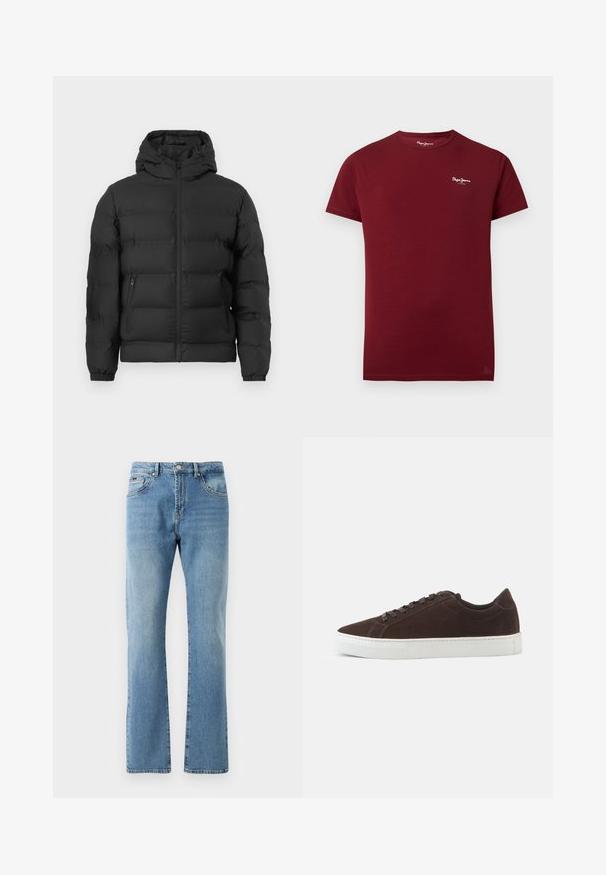 Schwarze Pufferjacke mit Kapuze, frontalem Reißverschluss, elastischen Bündchen und zwei seitlichen Reißverschlusstaschen vor einem weißen Hintergrund.; Weinrote Kurzarm-T-Shirt mit Rundhalsausschnitt und kleinem weißem "Pepe Jeans London"-Logo auf der linken Brust vor einem einfarbigen Hintergrund.; Hellblaue Jeans aus Denim mit geradem Schnitt, fünf Taschen und subtiler Abnutzung. Mit einem klassischen Taillenbund und geradem Saum an den Knöcheln.; Dunkelbrauner Veloursleder-Low-Top-Sneaker mit passenden Schnürsenkeln und dicker weißer Gummisohle, von der Seite auf einfachem Hintergrund gezeigt.