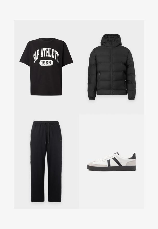 Doudoune noire avec capuche, fermeture éclair avant, poignets élastiques et deux poches latérales zippées sur fond blanc.; T-shirt noir à manches courtes avec texte blanc "GAP ATHLETIC" en arc au-dessus d'un ovale contenant "1969" à l'avant.; Pantalon de jogging noir en mélange de coton, doté d'une taille élastique avec cordon de serrage, de poches latérales et d'une coupe droite.; Baskets blanches avec des accents noirs et gris, présentant un embout texturé gris, une semelle en caoutchouc noir et des lacets plats blancs. Design épuré, style minimaliste.