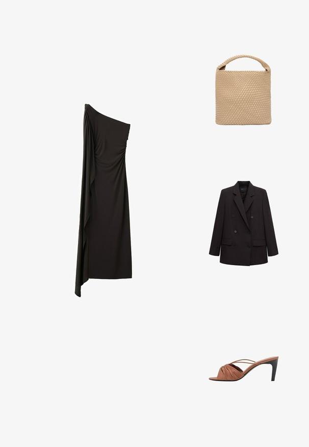 Zwarte dubbelrijige blazer met inkeping revers, zes knopen, klepzakken en lange mouwen, geschikt voor formele of zakelijke kleding.; Zwarte avondjurk met één schouder en asymmetrisch geplooide stof die van de schouder tot aan de zoom uitloopt.; Bruine stoffen muiltjes met open teen, een geplooid ontwerp, dunne gekruiste bandjes en een slanke zwarte naaldhak. Overal een gladde textuur.; Beige handtas van geweven leer met een rechthoekige vorm, korte gevlochten handgreep en een gladde textuur. Minimalistisch ontwerp zonder opvallende accenten.