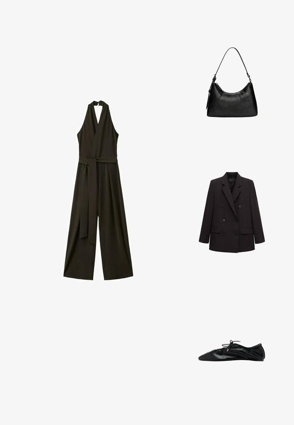 Blazer noir à double boutonnage avec revers crantés, six boutons, poches à rabat et manches longues, adapté pour une tenue formelle ou professionnelle.; Combinaison noire sans manches à col licou avec pantalons larges et ceinture en tissu à la taille.; Ballerine plate en cuir noir avec bout froncé et lacet à nouer orné d'embouts métalliques, vue latérale minimaliste et élégante.; Sac à main noir en simili cuir avec une forme incurvée, poignée courte, fermeture éclair et un motif texturé subtil sur la surface.