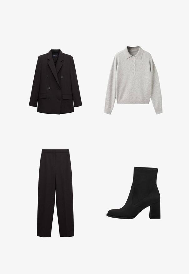 Zwarte dubbelrijige blazer met inkeping revers, zes knopen, klepzakken en lange mouwen, geschikt voor formele of zakelijke kleding.; Grijze kasjmier polo trui met een kraag, knoopsluiting en geribbelde boorden en zoom. Zachte textuur, ontspannen pasvorm.; Zwarte op maat gemaakte broek met een hoge taille, rechte pijpen, zijzakken en een verborgen voorsluiting.; Zwarte enkellaarsjes met een blokhak, gemaakt van zacht suede. Kenmerkt zich door een ronde neus en gladde zijpanelen met stikdetails.
