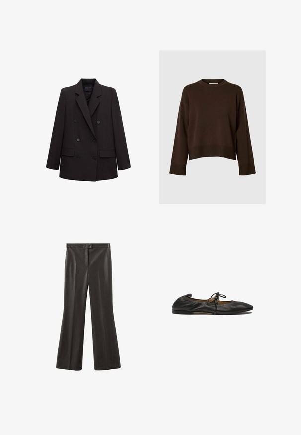 Blazer noir à double boutonnage avec revers crantés, six boutons, poches à rabat et manches longues, adapté pour une tenue formelle ou professionnelle.; Pull court brun avec manches longues, ourlet côtelé, col rond classique, texture douce et design minimaliste.; Pantalon en cuir noir avec une coupe évasée très large, une taille plate à l'avant, et une texture lisse et brillante. Aucun élément métallique ou motif visible.; Ballerines en cuir noir avec un bout pointu, un bord élastique froncé et un détail de nœud à l'avant. Texture lisse, design minimaliste.