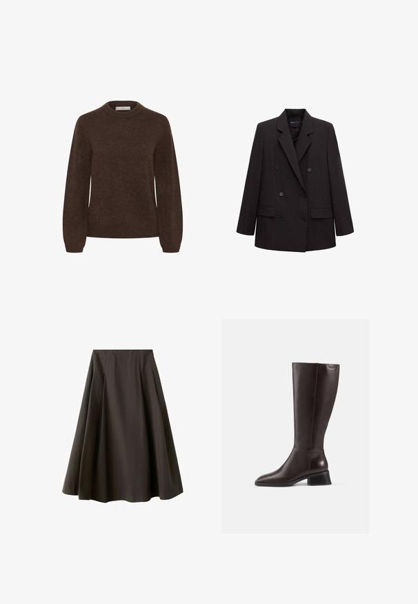 Blazer negro de doble botonadura con solapas con muesca, seis botones, bolsillos con solapa y mangas largas, adecuado para uso formal o de negocios.; Suéter marrón de punto con cuello redondo, mangas largas y una textura suave, que presenta un diseño simple sin patrones ni adornos.; Falda negra en línea A con cintura alta y dobladillo acampanado, hecha de tela suave, mostrada sobre un fondo blanco.; Botas de cuero marrón hasta la rodilla con un acabado suave, punta redonda y un tacón negro de pala. Diseño simple con detalles de herrajes mínimos.