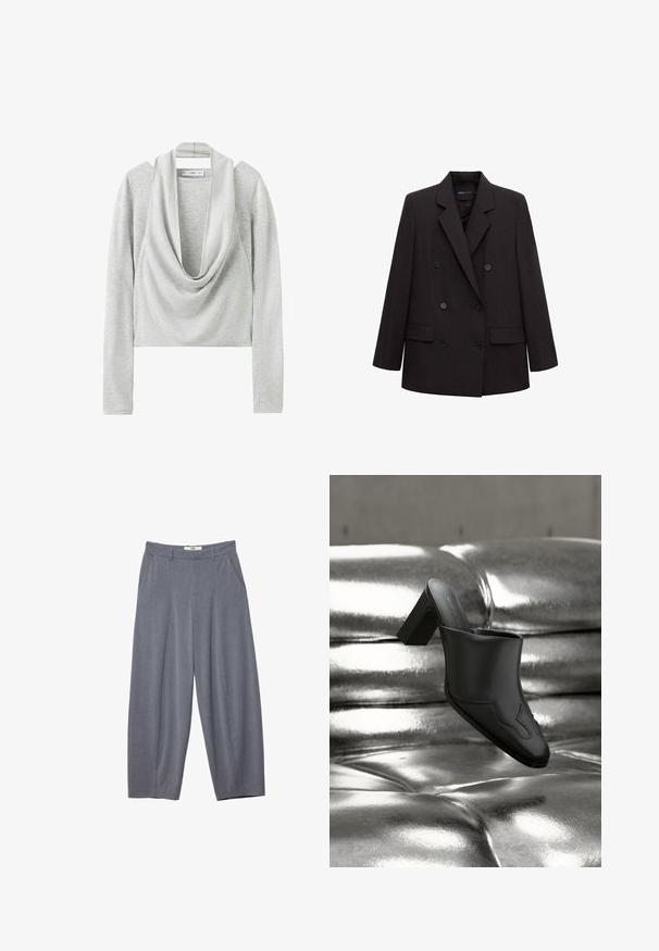 Blazer noir à double boutonnage avec revers crantés, six boutons, poches à rabat et manches longues, adapté pour une tenue formelle ou professionnelle.; Haut court à manches longues gris clair avec un large col bénitier drapé et un tissu en maille douce.; Stradivarius SMART BAGGY WITH SEAM DETAIL - Pantalon classique - grey; Mule en cuir noir avec talon bloc reposant sur une surface argentée brillante capitonnée, mettant en valeur son design élégant et ses détails incurvés.