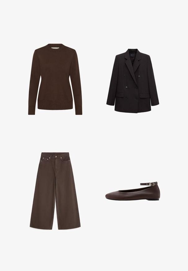 Blazer negro de doble botonadura con solapas con muesca, seis botones, bolsillos con solapa y mangas largas, adecuado para uso formal o de negocios.; Suéter marrón con cuello redondo acanalado, mangas largas y dobladillo acanalado. Textura suave y diseño sencillo, adecuado para uso casual.; Vaqueros marrones de pierna ancha con cintura alta, botón frontal, cremallera y cinco bolsillos, colocados planos sobre fondo blanco.; Zapato plano de color marrón oscuro con puntera redondeada y correa ajustable en el tobillo con hebilla plateada sobre fondo blanco.