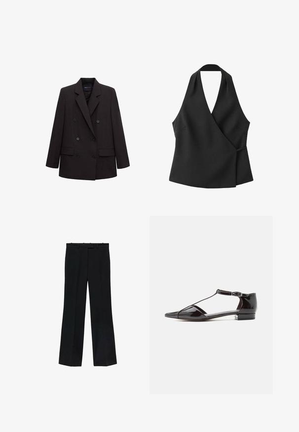Blazer negro de doble botonadura con solapas con muesca, seis botones, bolsillos con solapa y mangas largas, adecuado para uso formal o de negocios.; Top negro sin mangas cruzado con escote halter y detalle de lazo lateral sobre fondo blanco.; Pantalones negros con un diseño de pierna recta, fabricados en tejido suave. Presentan una cinturilla con pasadores para cinturón y sin marcas ni adornos visibles.; Zapato de tacón bajo de charol negro con punta puntiaguda y cierre de hebilla en tira en T, mostrado de perfil sobre un fondo liso.