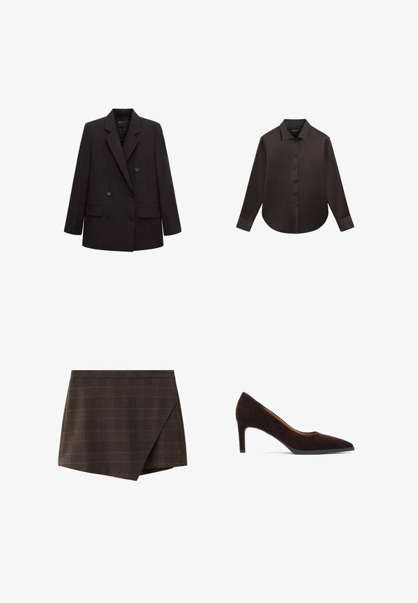 Sort, dobbeltradet blazer med hakket revers, seks knapper, lommer med klap og lange ærmer, egnet til formelt eller forretningsbrug.; Mørkebrun langærmet skjorte med knapper, krave og manchetter, vist fladt mod en hvid baggrund.; Brun ternet slå-om-nederdel med struktureret design, indsatte taljebånd og en let skråtstillet kant, lavet af tekstureret stof.; Mørkebrune ruskinds højhælede sko med spids tå, en slank hæl og en glat sål, vist fra siden på en hvid baggrund.