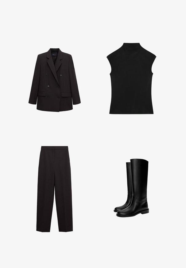 Zwarte dubbelrijige blazer met inkeping revers, zes knopen, klepzakken en lange mouwen, geschikt voor formele of zakelijke kleding.; Zwarte mouwloze aansluitende top met een hoge hals en een gladde textuur, plat weergegeven op een witte achtergrond.; Zwarte op maat gemaakte broek met een hoge taille, rechte pijpen, zijzakken en een verborgen voorsluiting.; Zwarte leren kniehoge laarzen met een gladde textuur, ronde neus, platte zool en minimalistisch ontwerp, met gestikte naden en zonder zichtbare hardware.