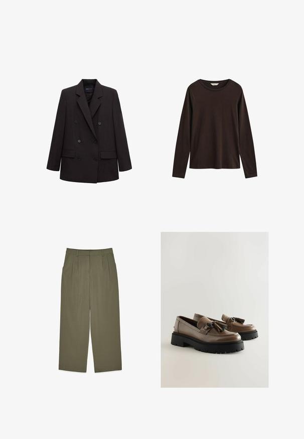 Blazer negro de doble botonadura con solapas con muesca, seis botones, bolsillos con solapa y mangas largas, adecuado para uso formal o de negocios.; Camiseta de cuello redondo de manga larga en marrón oscuro, con ajuste regular y sin patrones ni logotipos visibles, excepto una pequeña etiqueta en el cuello.; Pantalones de tiro alto en verde oliva con lazos para el cinturón, pliegues frontales, bolsillos laterales y corte de pierna ancha, presentados planos sobre fondo blanco.; Mocasines de cuero marrón con gruesas suelas de goma negra, con borlas y herrajes decorativos. Textura suave con un diseño clásico.