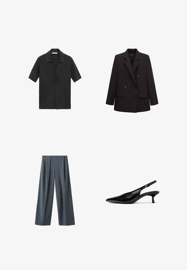 Sort, dobbeltradet blazer med hakket revers, seks knapper, lommer med klap og lange ærmer, egnet til formelt eller forretningsbrug.; Mørkegrå kortærmet polo skjorte lavet af blødt stof, med en klapkrave og tre-knaps stolpe foran.; Mørkegrå, vidde buks med for-nyt og sidelommer, vist på hvid baggrund.; Sort læder slingback kittenhæle med spids tå og justerbar strop med spænde på hvid baggrund.