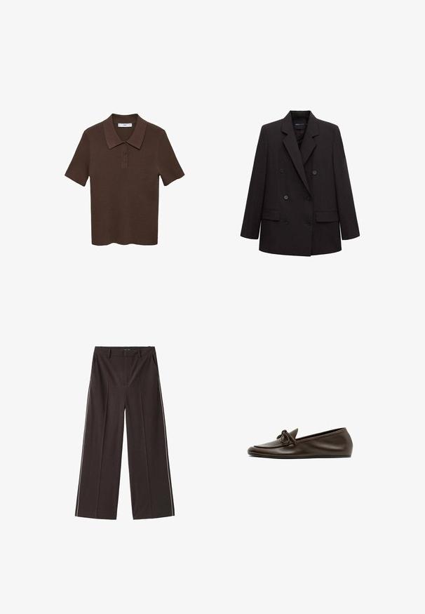 Zwarte dubbelrijige blazer met inkeping revers, zes knopen, klepzakken en lange mouwen, geschikt voor formele of zakelijke kleding.; Bruine polo met korte mouwen, gemaakt van ribbelstof, met een kraag en een knoopsluiting met drie knopen. Heeft een effen kleur en een relaxte pasvorm.; Bruine wijde broek gemaakt van gladde stof met witte zijkanten. Kenmerken zijn onder andere voorzakken en een hoge tailleband.; Donkerbruine leren platte loafer met een afgeronde neus en decoratieve strik op het bovenwerk, zijaanzicht op witte achtergrond.