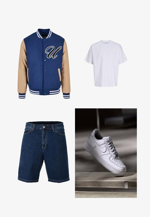 Donkerblauwe varsityjack met beige mouwen, voorzien van een opvallend geborduurd "U"-logo en gestreepte ribgebreide mouwen en tailleband.; Effen witte oversized T-shirt met korte mouwen, ronde hals en losse pasvorm tegen een witte achtergrond.; Denim shorts in donkerblauw met een rechte snit, reguliere tailleband en metalen knoopsluiting; heeft contrasterende gele stiksels en zoom.; Witte Nike Air Force 1 sneaker van leer met geperforeerde neus, platte veters en een gestructureerde rubberen zool met "AIR"-logo aan de zijkant.