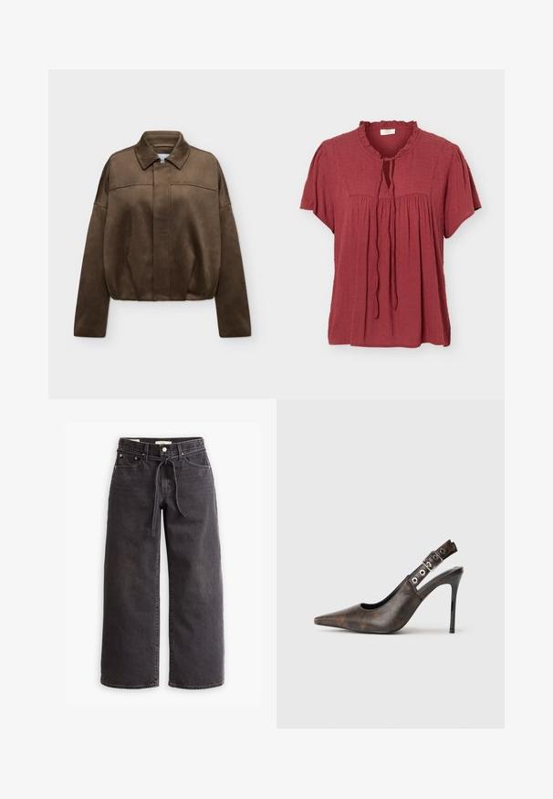 Veste zippée en daim marron avec col et manches longues, présentée sur un fond clair uni.; Blouse manches courtes rouge rouille avec motif à pois texturé, col à volants, empiècement froncé et détail noué à l'avant.; Jeans larges noirs en jean, dotés d'une taille à cordon de serrage, de cinq poches et de détails de couture contrastés. Design à l'avant plat.; Chaussure à talon haut slingback en cuir marron, à bout pointu, avec une sangle réglable et un talon aiguille noir sur fond uni.