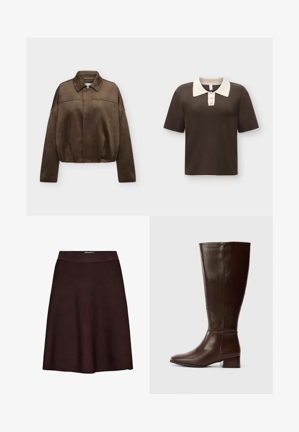 Veste zippée en daim marron avec col et manches longues, présentée sur un fond clair uni.; Polo en maille marron à manches courtes avec un col blanc contrastant, trois boutons décoratifs et des finitions blanches aux manches et à l'ourlet.; Jupe trapèze marron foncé avec une ceinture ajustée, en tissu lisse et texturé, présentée sur fond blanc.; Botte en cuir brun foncé, haute, avec un petit talon bloc et une finition lisse, vue de profil sur fond blanc.