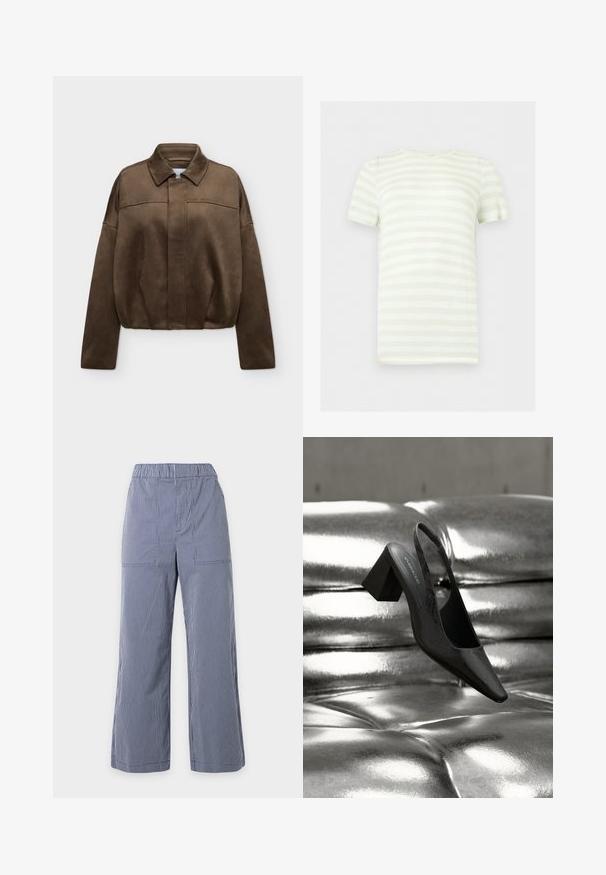Veste zippée en daim marron avec col et manches longues, présentée sur un fond clair uni.; T-shirt à manches courtes avec col rond, doté de rayures horizontales vert clair et blanc, présenté à plat sur fond blanc.; Pantalon large à rayures verticales bleu et blanc avec taille élastique et poches plaquées à l'avant, présenté sur un fond uni.; Escarpin noir à bride arrière avec bout pointu, présentant une surface texturée et un talon bloc épais. Posé sur un fond métallique brillant.