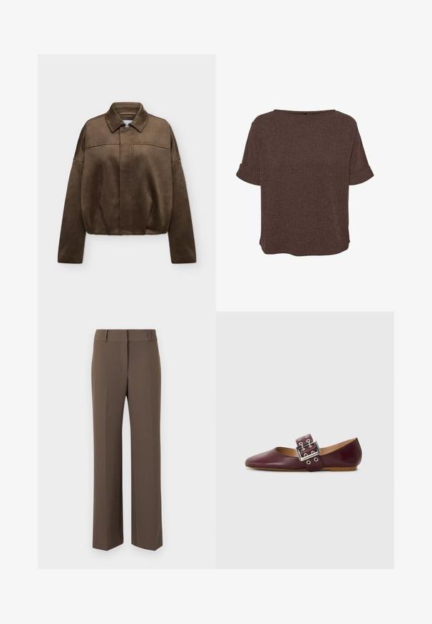 Chaqueta marrón de ante con cremallera, con cuello y mangas largas, mostrada sobre un fondo claro liso.; Blusa marrón texturizada de manga corta con puños doblados y cuello redondo, con un ajuste suelto y cuadrado.; Pantalones marrones de pierna recta con trabillas para cinturón, detalle de costura frontal y cintura alta, presentados sobre un fondo neutro.; Bailarinas de cuero burdeos con punta afilada, tira ancha con hebilla plateada y múltiples agujeros, suela plana, textura suave.