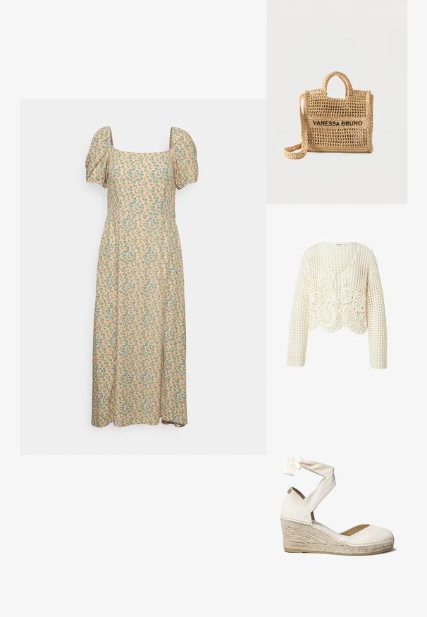 Crèmekleurige gehaakte gebreide cardigan met lange mouwen, geschulpte zoom, bloemmotieven aan de onderkant voor en striksluiting bij de V-hals.; Even&Odd by Zalando Jurk - green/pink; Witte canvas wedge schoen met enkelbandje, jute-wrapped hak, ronde neus en een gebreide stoffen bovenkant. De wedge heeft een hoogte van ongeveer 7 cm.; Beige handtas van geweven materiaal met twee handvatten, lange riem, opengeweven ontwerp en "VANESSA BRUNO" in zwarte letters geborduurd aan de voorkant.