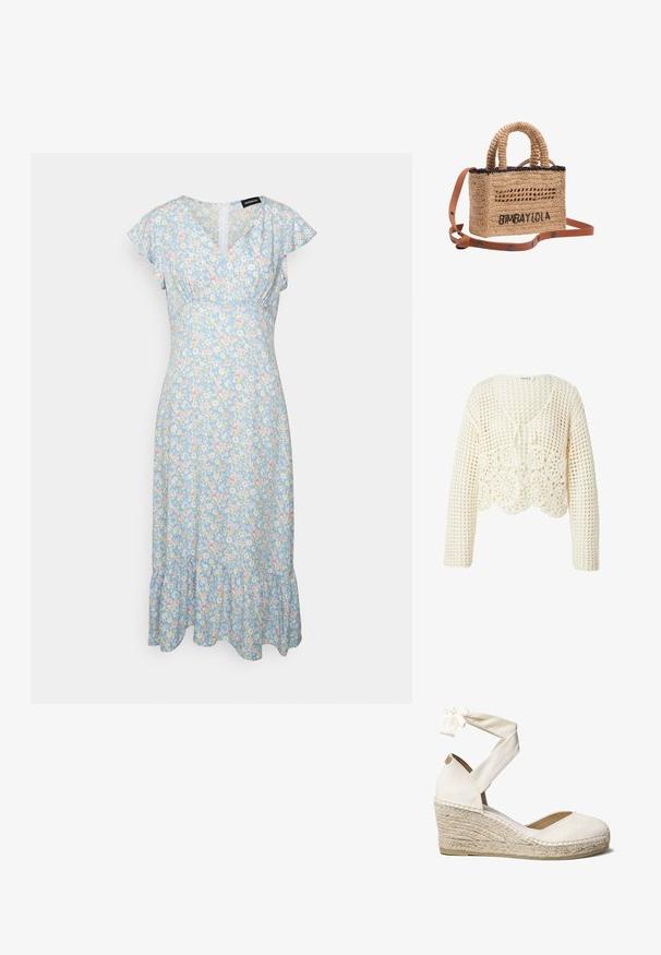 Crèmekleurige gehaakte gebreide cardigan met lange mouwen, geschulpte zoom, bloemmotieven aan de onderkant voor en striksluiting bij de V-hals.; Even&Odd by Zalando Jurk - light blue/pink; Witte canvas wedge schoen met enkelbandje, jute-wrapped hak, ronde neus en een gebreide stoffen bovenkant. De wedge heeft een hoogte van ongeveer 7 cm.; Gevlochten strohandtas met korte handvatten, zwarte afwerking, zwart geborduurde tekst "BIMBA Y LOLA" en afneembare bruine leren riem met knopdetails.