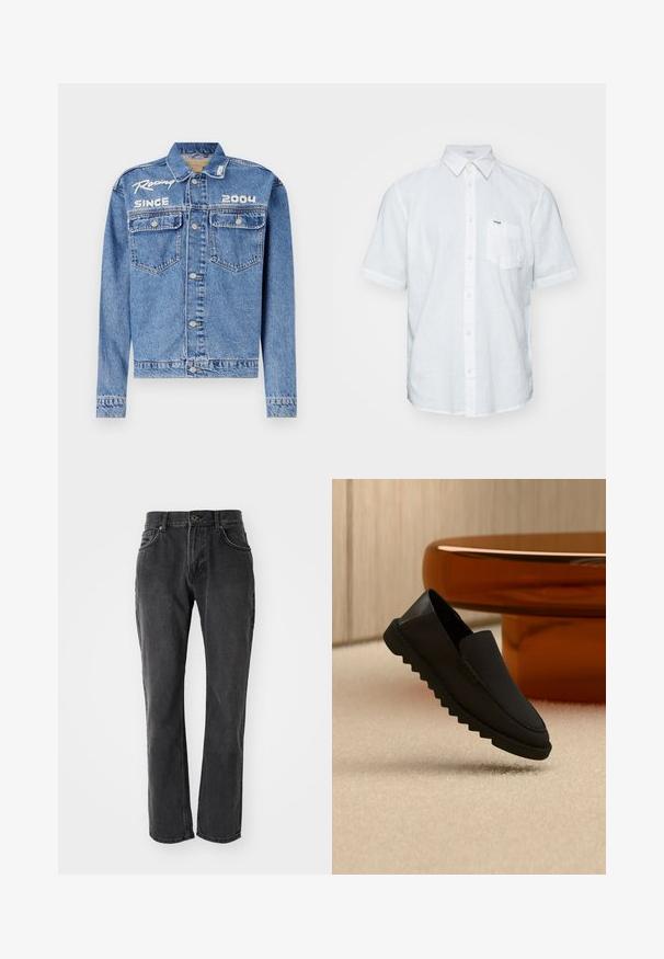 Jeansjack, lichtblauw, klassieke pasvorm, knoopsluiting. Beschikt over twee borstzakken, geborduurde tekst "Racing Since 2004" in het wit.; Witte korte mouwen shirt van linnen, met een button-down kraag, een borstzak en subtiele stikaccenten.; Zwarte denim jeans met een rechte pasvorm, voorzien van vijf zakken, een knoopsluiting en gestikte details langs de naden en zakken.; Zwarte instapperschoen met dikke geribbelde zool die boven een beige tapijt zweeft voor een ronde amberkleurige tafel.