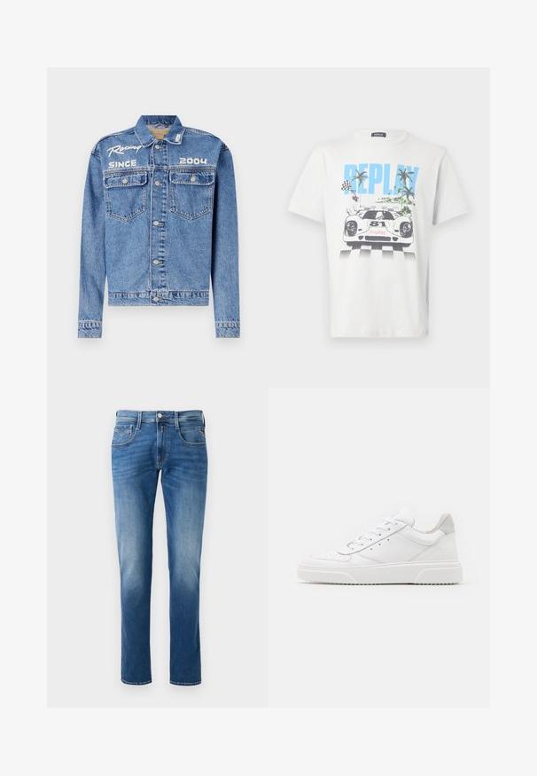 Denimjakke, lyseblå, klassisk pasform, knaplukning. Har to brystlommer, broderet tekst "Racing Since 2004" i hvid.; Hvid bomulds-T-shirt med et farverigt motiv af en racerbils, palmer og ternede flag, med "REPLAY" tydeligt vist.; Herre blå denim jeans med en falmet vask, lige ben-design, fem lommer og en frontknaplukning. Synede detaljer på lommerne.; Hvide lædersneakers med en glat finish, rund tå, flade snørebånd og en struktureret sål. Grå ruskindsdetalje ved hælen.