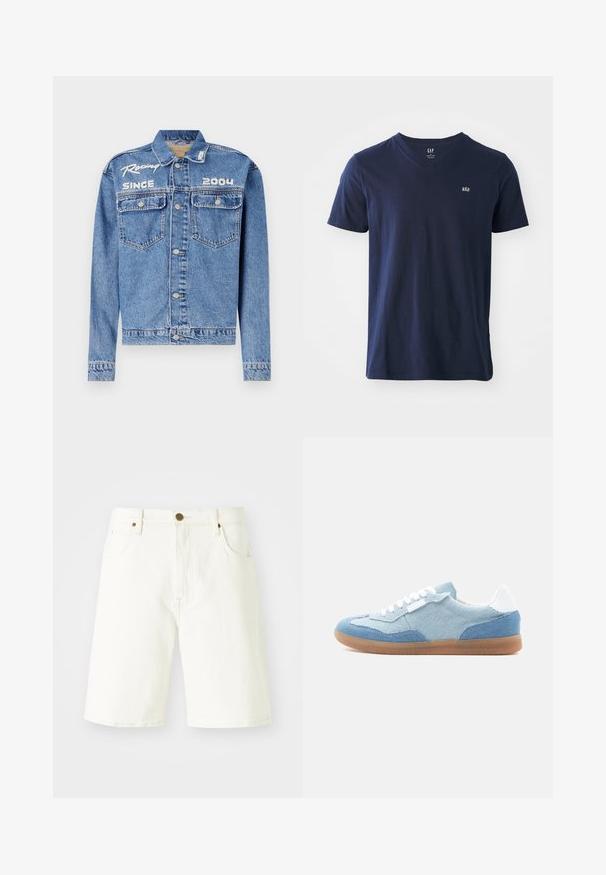 Denimjakke, lyseblå, klassisk pasform, knaplukning. Har to brystlommer, broderet tekst "Racing Since 2004" i hvid.; Mørkeblå bomulds t-shirt med v-hals, korte ærmer og et lille broderet logo på brystet. Blød tekstur og afslappet design.; Hvide denimshorts med lige snit, klassisk fem-lomme design og kobberknaplukning. Glat tekstur og kantede kanter.; Lav sko med lyseblå og denim paneler, hvide snørebånd, hvid hælflap og sål af gummigummi, set fra siden.