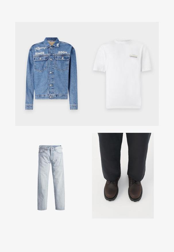 Denim müts, helesinine, klassikaline lõige, nupuga sulgemine. Omab kahte rinna taskut, valge tikandiga tekst "Võidusõit alates 2004".; Valge puuvillane T-särk lühikeste varrukatega, ümmargune kaelus ja väike musta ja kuldse printimisega logo, mis ütleb "Cancun."; Heledad sinised teksad sirge sääre disainiga, nupuga lend, viis taskut ja peene fadestruktuuriga. Omab metallist aksessuaare.; Pruunid nahast nööbiga kingad ümarate varvastega, musta kummitald ja tekstuurigaDetail, koos lahtiste tumehalli pükstega.