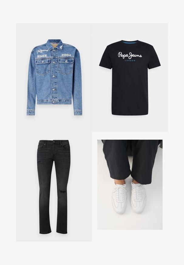 Jeansjack, lichtblauw, klassieke pasvorm, knoopsluiting. Beschikt over twee borstzakken, geborduurde tekst "Racing Since 2004" in het wit.; Zwart katoenen T-shirt met een witte scriptlogo "Pepe Jeans" en een blauwe accent, ronde hals en korte mouwen. Eenvoudig, solide ontwerp.; Zwarte denim jeans met een slim fit, met zichtbare verfrepatronen op de knieën, vijf zakken en een standaard knoop- en ritssluiting.; Witte leren sneakers met een gladde textuur, ronde neus en klassiek vetersysteem, gepositioneerd boven donkere, losse broeken.