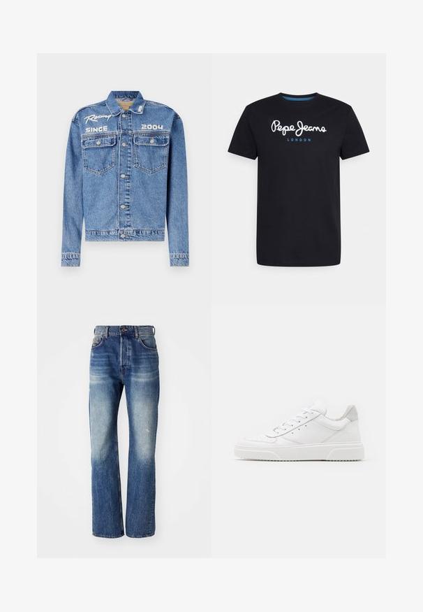 Denimjakke, lyseblå, klassisk pasform, knaplukning. Har to brystlommer, broderet tekst "Racing Since 2004" i hvid.; Sort bomulds T-shirt med et hvidt skriftskriftlogo "Pepe Jeans" med en blå accent, rund hals og korte ærmer. Enkel, ensfarvet design.; Blå denim jeans med lige ben-design, der har lys falmning og let whiskering fortil. Standard fem-lomme stil.; Hvide lædersneakers med en glat finish, rund tå, flade snørebånd og en struktureret sål. Grå ruskindsdetalje ved hælen.