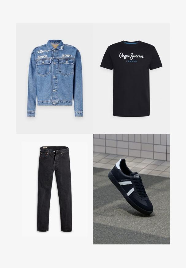 Jeansjack, lichtblauw, klassieke pasvorm, knoopsluiting. Beschikt over twee borstzakken, geborduurde tekst "Racing Since 2004" in het wit.; Zwart katoenen T-shirt met een witte scriptlogo "Pepe Jeans" en een blauwe accent, ronde hals en korte mouwen. Eenvoudig, solide ontwerp.; Zwarte high-rise rechte jeans met knopen en vijf zakken, plat liggend op een witte achtergrond.; Zwarte leren sneaker met witte strepen, een gestructureerde rubberen zool en vetersluiting aan de voorkant. Voorzien van een merklabel op de tong.