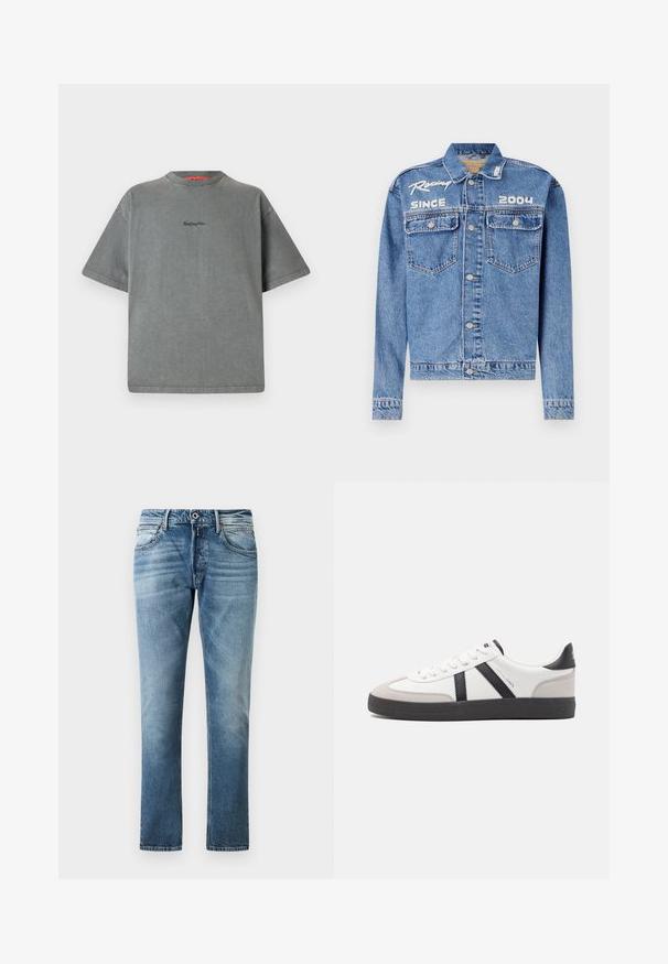 Jeansjack, lichtblauw, klassieke pasvorm, knoopsluiting. Beschikt over twee borstzakken, geborduurde tekst "Racing Since 2004" in het wit.; Replay Inc. T-shirt basic - stoned grey; Blauwe rechte jeans met vervaagde details, vooraan met een knoop en zakken, weergegeven tegen een effen witte achtergrond.; Witte sneaker met zwarte en grijze accenten, voorzien van een grijze neus met textuur, zwarte rubberen zool en platte witte veters. Schoon ontwerp, minimalistische stijl.