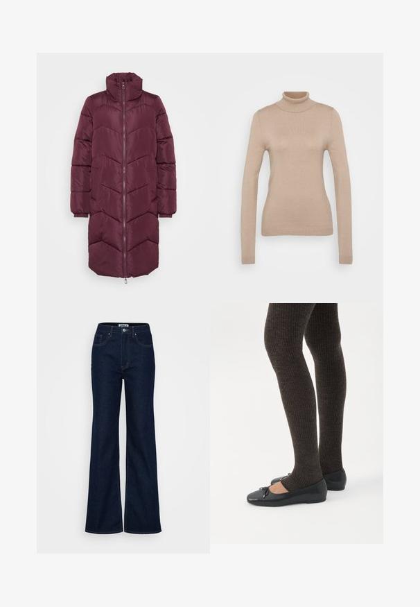 Burgunderfarvet pufferjakke med høj krave, frontlynlås, sidelommer og quiltet chevronmønster. Textureret, vandafvisende materiale.; Beige turtleneck sweater lavet af blødt strikket stof. Har lange ærmer, tætsiddende design og ribstrik ved hals og kant.; ONLY Tall ONLJUICY WIDE RINSE - Wide leg - dark blue denim; Ben iført mørke ribbede leggings kombineret med sorte balletsko med små sløjfedetaljer på hvid baggrund.