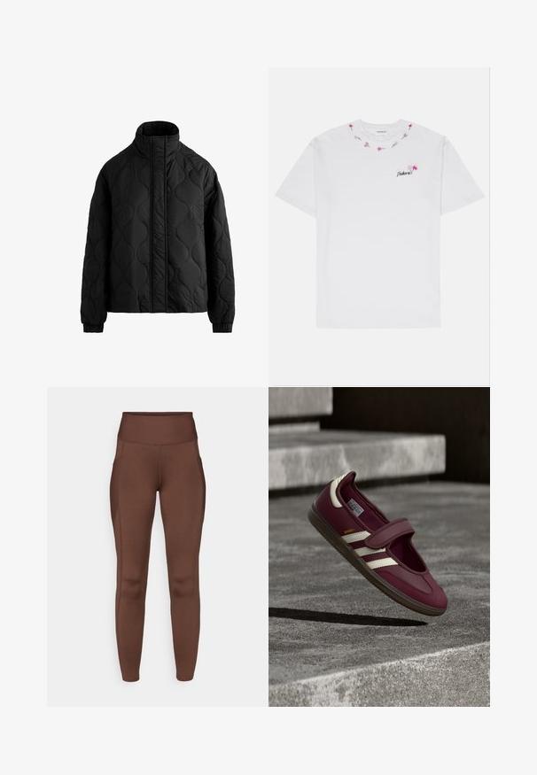 Veste matelassée noire avec col montant, manches longues, fermeture éclair centrale dissimulée par un rabat en tissu, et poignets élastiques.; T-shirt blanc en coton avec une broderie florale multicolore autour de l'encolure et un petit texte brodé à l'avant. Manches courtes.; Leggings marron extensibles avec une taille haute, dotés de poches latérales et d'une texture lisse. Les coutures soulignent la forme.; Chaussure de sport bordeaux avec une bride, des bandes blanches sur les côtés, une semelle en caoutchouc texturée et une tige en matériau lisse. Ajustement réglable avec intérieur rembourré.