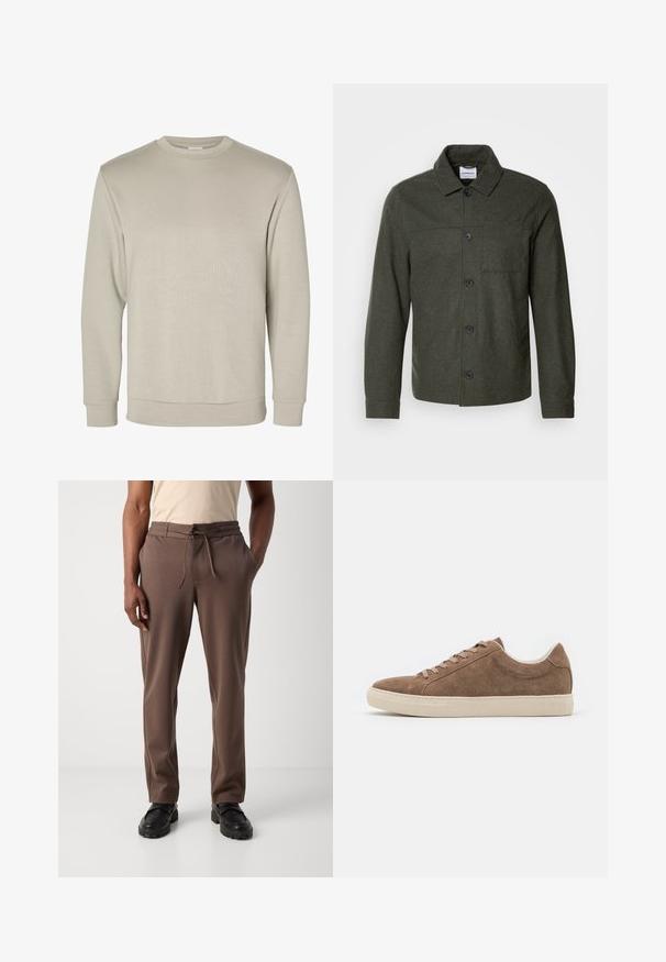 Lindbergh Letná bunda - dark khaki melange; Béžová mikina s dlhým rukávom a okrúhlym výstrihom, s rebrovanými manžetami a lemom, zobrazená na bielom pozadí.; Muž v hnedom nohaviciach na sťahovanie a čiernych topánkach stojí pred jednoduchým bielym pozadím.; Hnedé semišové voľnočasové tenisky s nízkym profilom, plochou béžovou gumovou podrážkou a šiestimi dierkami na šnúrky. Zaoblená špička a minimalistický dizajn.