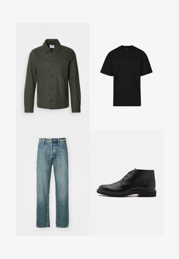 Lindbergh Suvejakk - dark khaki melange; Mustast lühikeste varrukatega ümara kaelusega T-särk, lõdva istuvusega, lihtsa disainiga, ilma nähtavate logode või mustriteta.; Heledad sinine denimist teksad, sirge lõikega, viie taskuga ja nähtava õmblusega. Omab metallist nööpi ja lukku.; Mustast nahast pahkluu saabas kolme silmusega paeltega, ümar nina ja lameda tallaga ühevärvilisel heledal taustal.