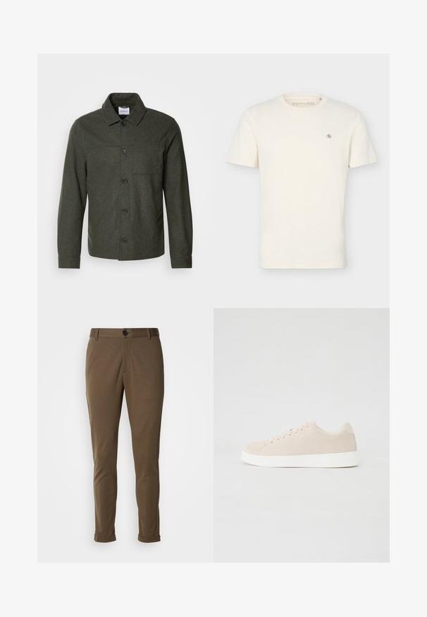 Lindbergh Veste légère - dark khaki melange; T-shirt uni écru à manches courtes avec col rond, avec un petit logo "Scotch & Soda" sur le haut gauche de la poitrine.; Pantalon marron ajusté avec une texture lisse, doté d'une fermeture à bouton et de poignets retournés. Conçu avec une coupe slim et des poches fonctionnelles.; Baskets en daim beige avec semelles en caoutchouc blanc, bout rond et six œillets pour les lacets. Texture lisse avec un design minimaliste.
