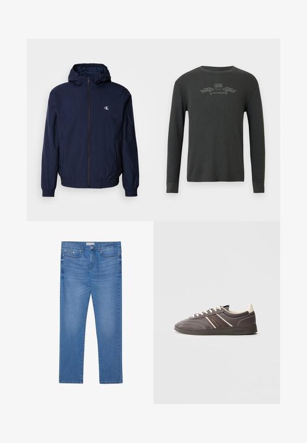 Marineblå letvægtsjakke med fuld lynlås, hætte, elastiske manchetter og taljebånd. Har en lille hvid logo på venstre bryst.; Mørkegrå langærmet termo-shirt med ribbet tekstur. Har en lille grafisk logo på brystet og tætsiddende ærmekanter.; Lyseblå denimjeans med lige ben, femlommes design, subtil falming og metalbeslag ved taljen og lommerne.; Mørkegrå sneakers med cremefarvede accenter, gummisål, snørelukning og sidestriber. Indeholder syninger og logomærkning.