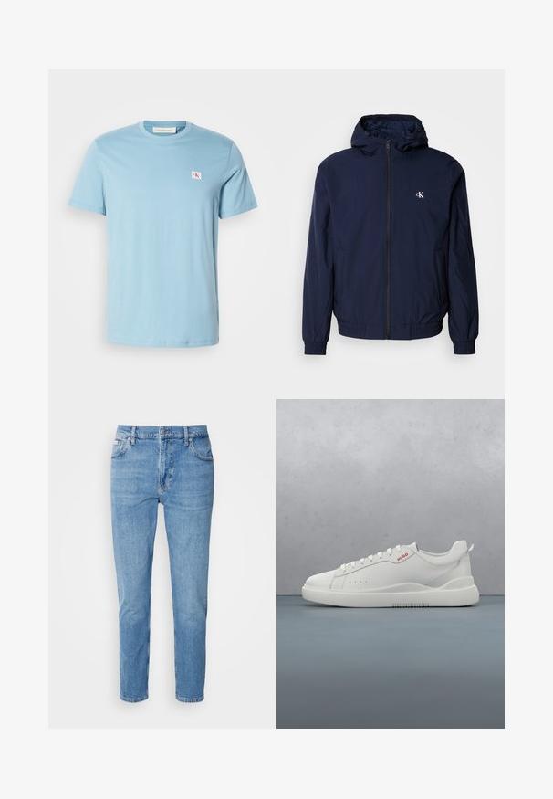 Marineblå letvægtsjakke med fuld lynlås, hætte, elastiske manchetter og taljebånd. Har en lille hvid logo på venstre bryst.; Lysblå bomulds T-shirt med korte ærmer, rund halsudskæring og lille logo patch på venstre bryst. Glat tekstur og simplistisk design.; Lys blå denim jeans med lige snit, fem-lomme design og subtilt slid. Har knaplukning og bæltestropper.; Hvide sneakers med en glat læderfinish, rund tå, fire snørehuller, subtile perforeringer og en rød logo detalje på siden.