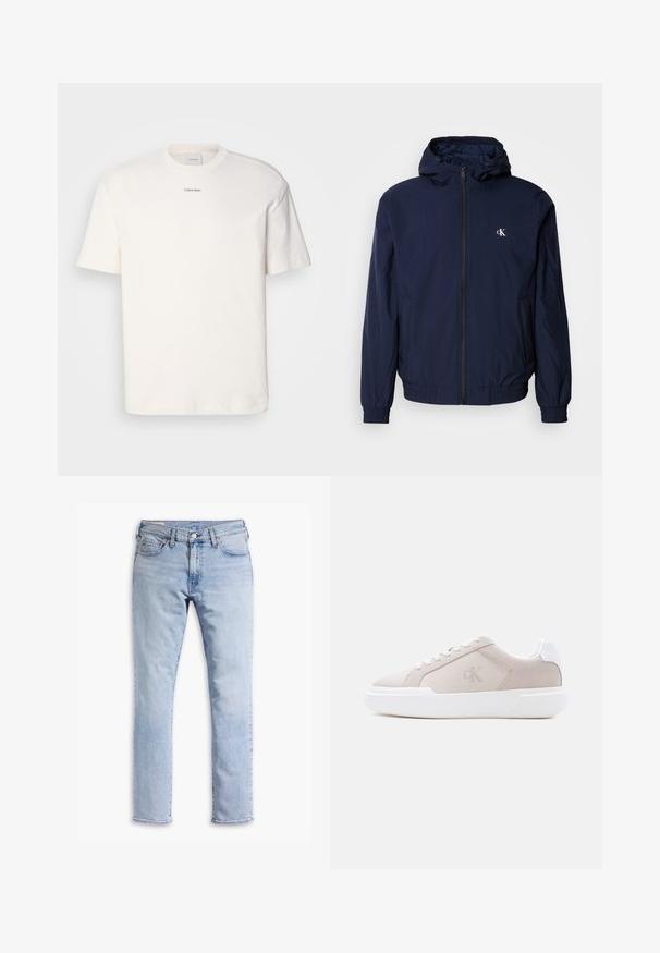 Marineblaue leichte Jacke mit durchgehendem Reißverschluss, Kapuze, elastischen Bündchen und Bund. Verfügt über ein kleines weißes Logo auf der linken Brust.; Weißes Baumwoll-T-Shirt mit rundem Ausschnitt, kurzen Ärmeln und gesticktem "Calvin Klein"-Logo in der Mitte der Brust. Schlichtes Design.; Hellblaue Jeans aus Denim mit geradem Bein, fünf Taschen, braunen Nähten und einem Knopfverschluss vorne. Abgenutztes Erscheinungsbild und keine Verzierungen.; Beige Sneaker mit niedrigem Schnitt, weißer dicker Sohle, Schnürsenkeln und Fersenlasche, mit dezentem „cK“-Logo an der Seitenfläche.