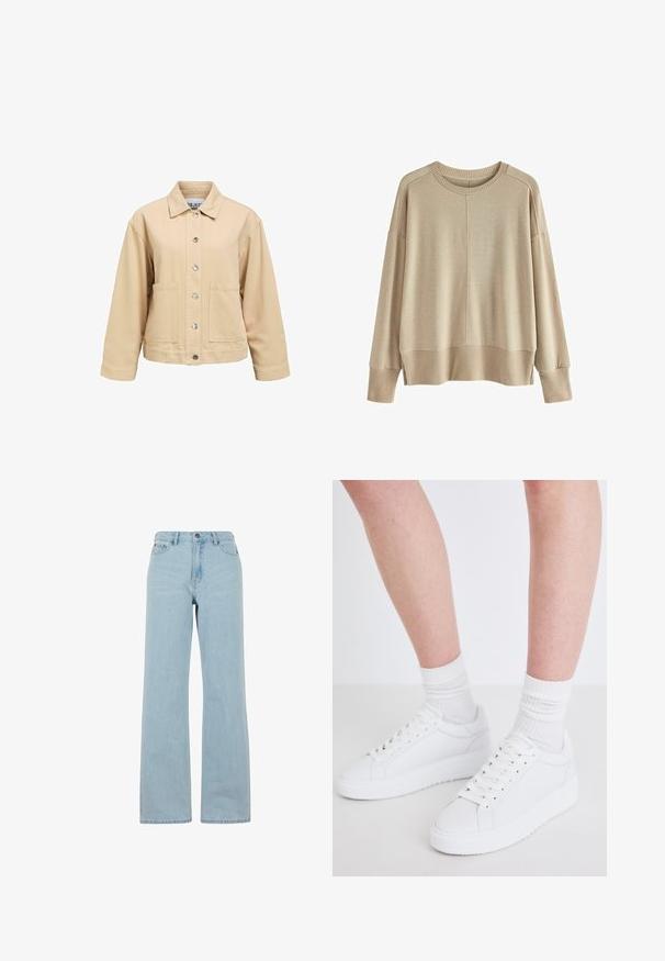 Beige Baumwolljacke mit Knopfleiste, zwei Vordertaschen und Kragen. Verfügt über eine lockere Passform und lange Ärmel.; Beige gestrickter Pullover mit lockerer Passform, gerippten Bündchen und Saum, Rundhalsausschnitt und überschnittenen Schultern. Weicher Stoff mit minimalen Nähten.; Helle blaue Schlagjeans aus Denim, mit hoher Taille, Fronttaschen und einer dezenten Waschstruktur. Standardknopf- und Reißverschluss.; Copenhagen Studios CPH72 - Sneaker low - white