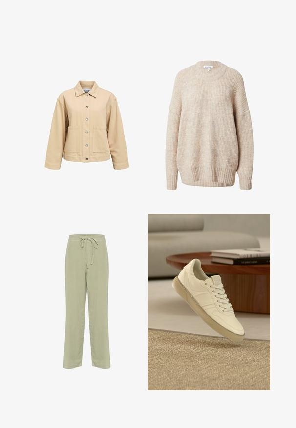 Beige Baumwolljacke mit Knopfleiste, zwei Vordertaschen und Kragen. Verfügt über eine lockere Passform und lange Ärmel.; Beige gestrickter Pullover mit rundem Halsausschnitt, überschnittenen Schultern sowie gerippten Bündchen und Saum. Merkmale einen strukturierten, leicht lockeren Sitz.; Hellgrüne Leinenhose mit einem Kordelzugbund, weitem Bein und seitlichen Taschen. Weiche Textur und schlichte Konstruktionsdetails.; Weißer Leder-Sneaker mit Schnürdesign, strukturierten Akzenten und einer durchscheinenden Gummisohle, präsentiert auf einer gewebten Oberfläche.