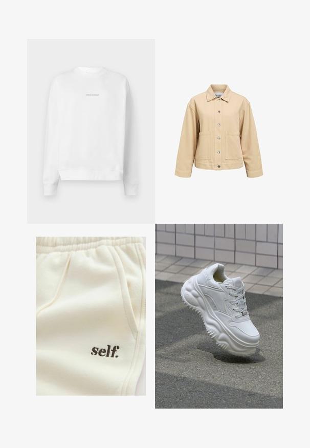 Beige katoenen jas met een knoopsluiting aan de voorkant, twee zakken aan de voorkant en een kraag. Heeft een losse pasvorm en lange mouwen.; Witte sweatshirt met een ronde hals en lange mouwen. De voorkant toont een reflecterende logo "PEGADOR" in een minimalistisch ontwerp.; Crèmekleurige katoenen joggingbroek met een zachte textuur, elastische tailleband, zijzakken en "self." geborduurd in het bruin.; Witte leren sneaker met een zware zool, textuurdetails en vetersluiting. Beschikt over gevormde accenten en een gladde afwerking.