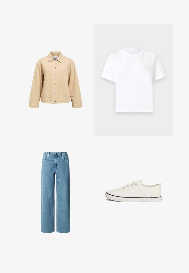Beige Baumwolljacke mit Knopfleiste, zwei Vordertaschen und Kragen. Verfügt über eine lockere Passform und lange Ärmel.; Einfaches weißes kurzärmeliges Baumwoll-T-Shirt mit rundem Ausschnitt und geradem Saum, dargestellt auf weißem Hintergrund.; Blaue Denim-Jeans mit weitem Bein und hoher Taille, ausgestattet mit Gürtelschlaufen, Reißverschluss und ausgefransten Säumen. Der Stoff hat eine weiche, glatte Textur.; Weiße Leinenschuhe mit einem flachen Design, runder Zehenpartie, sechs Ösen, marineblauem Akzentstreifen und strukturiertem Gummisohlen.