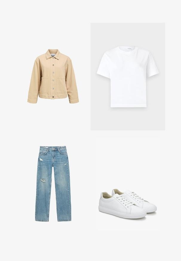 Beige Baumwolljacke mit Knopfleiste, zwei Vordertaschen und Kragen. Verfügt über eine lockere Passform und lange Ärmel.; Einfaches weißes kurzärmeliges Baumwoll-T-Shirt mit rundem Ausschnitt und geradem Saum, dargestellt auf weißem Hintergrund.; Hellblaue, gerade geschnittene Jeans aus Denim. Besitzt ausgefranste Risse an der Vorderseite, einen verblassten Stoff und fünf Taschen mit Metallbeschlägen.; Weiße Ledersneaker mit glatter Textur, runder Spitze und flachen Gummisohlen. Verfügen über Schnürsenkel und ein minimalistisches Design ohne Muster.