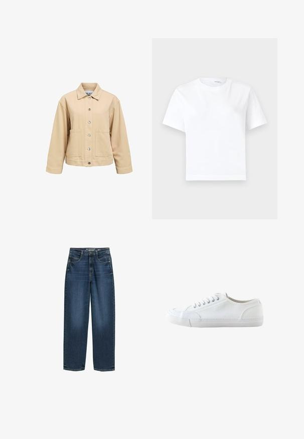 Chaqueta de algodón beige con cierre de botones, dos bolsillos delanteros y cuello con solapa. Presenta un ajuste suelto y mangas largas.; Camiseta blanca lisa de algodón de manga corta con cuello redondo y dobladillo recto, mostrada sobre un fondo blanco.; Jeans de pierna ancha de color azul oscuro con cintura alta, bolsillos frontales y textura de denim clásica. Acabados con detalles de costura sutiles y aberturas de pierna recta.; Zapatilla blanca de lona de corte bajo con cordones blancos y suela de goma, mostrada de lado sobre un fondo blanco.