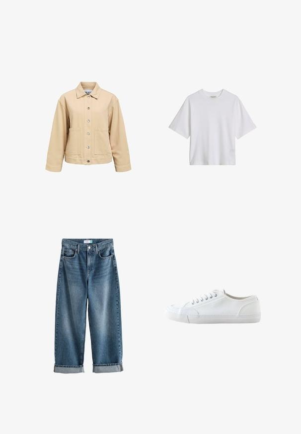 Beige katoenen jas met een knoopsluiting aan de voorkant, twee zakken aan de voorkant en een kraag. Heeft een losse pasvorm en lange mouwen.; Wit katoenen T-shirt met korte mouwen en een ronde hals, losse pasvorm, effen voorkant met zichtbare kraaglabel tegen een effen achtergrond.; Blauwe denim boyfriend jeans met omslagen, vooraan knoop- en ritsluiting en zichtbare voorzakken.; Witte lage canvas sneaker met witte veters en rubberen zool, gezien van opzij op een witte achtergrond.